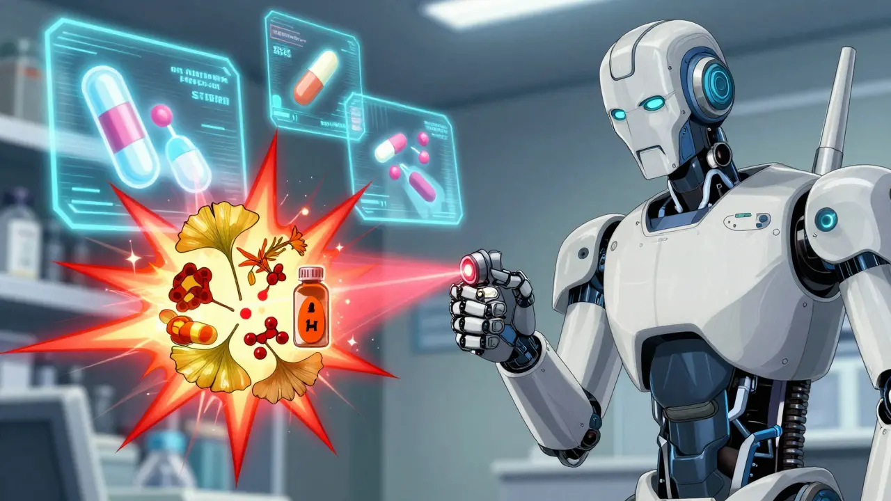 A robotic hand scans a supplement bottle, revealing dangerous interactions as fiery red glyphs explode around statins, warfarin, and metformin.