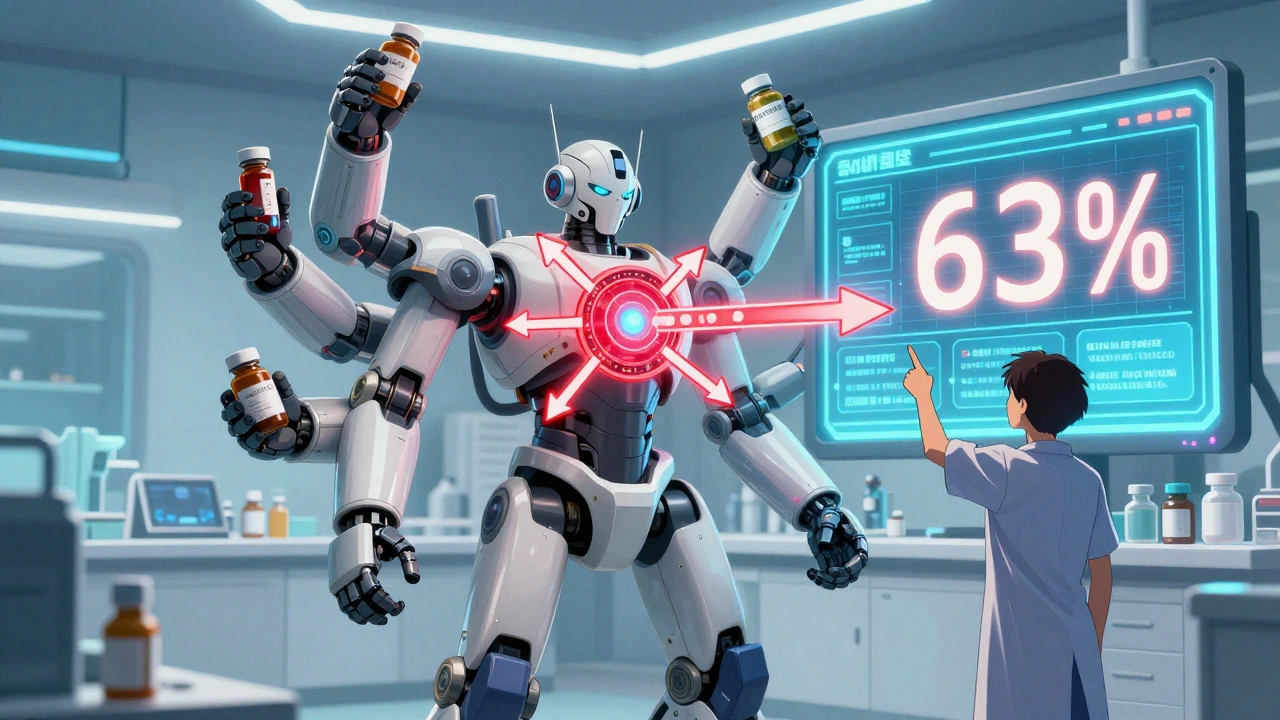 A robotic pharmacist analyzes drug interactions with glowing pills and blood tests in a neon clinic.