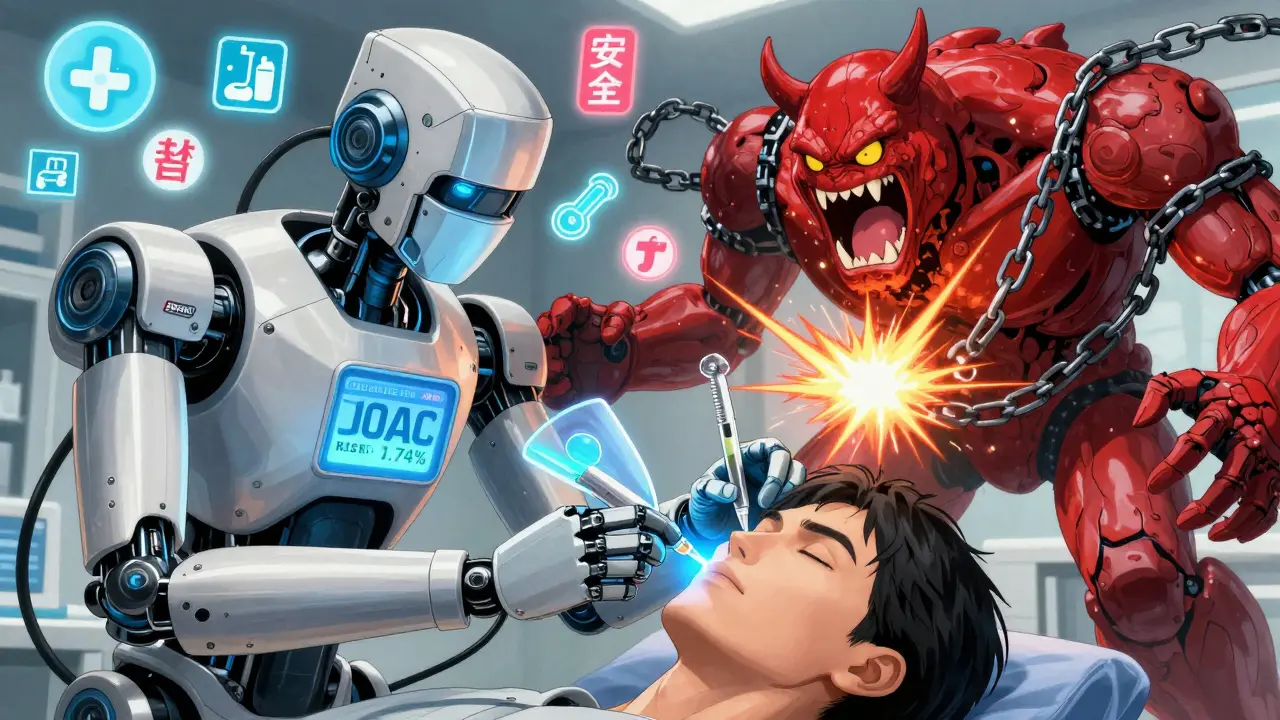 A robotic surgeon injects filler while repelling a clot monster with a 'Continue Meds' force field.