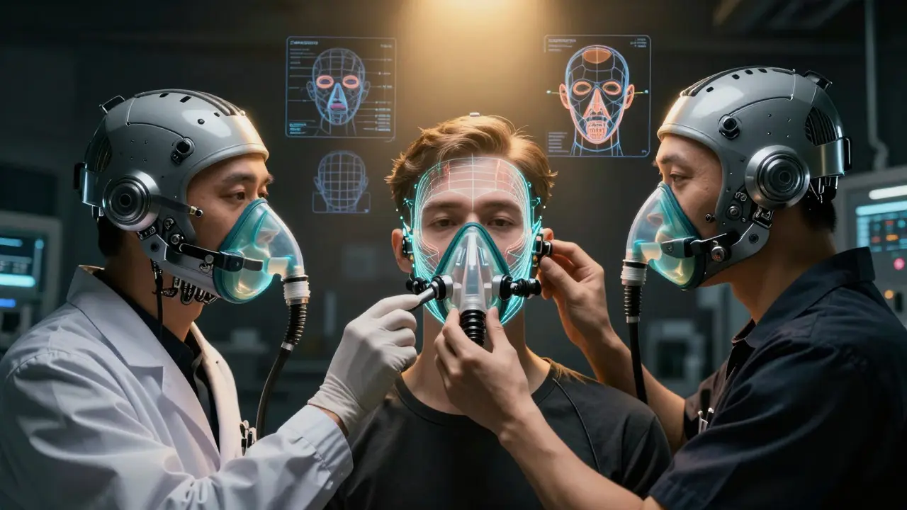 A technician adjusting three robotic CPAP mask prototypes with holographic facial fit maps.