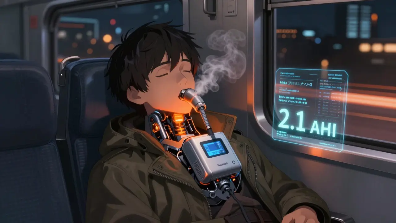 A traveler sleeps on a train with a compact CPAP device glowing softly as data streams float nearby.