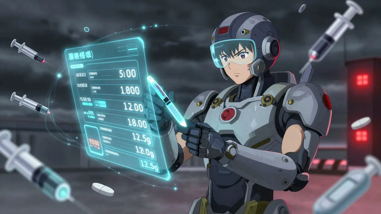 A warrior in a high-tech suit checks insulin dosing with floating digital formulas orbiting around them.
