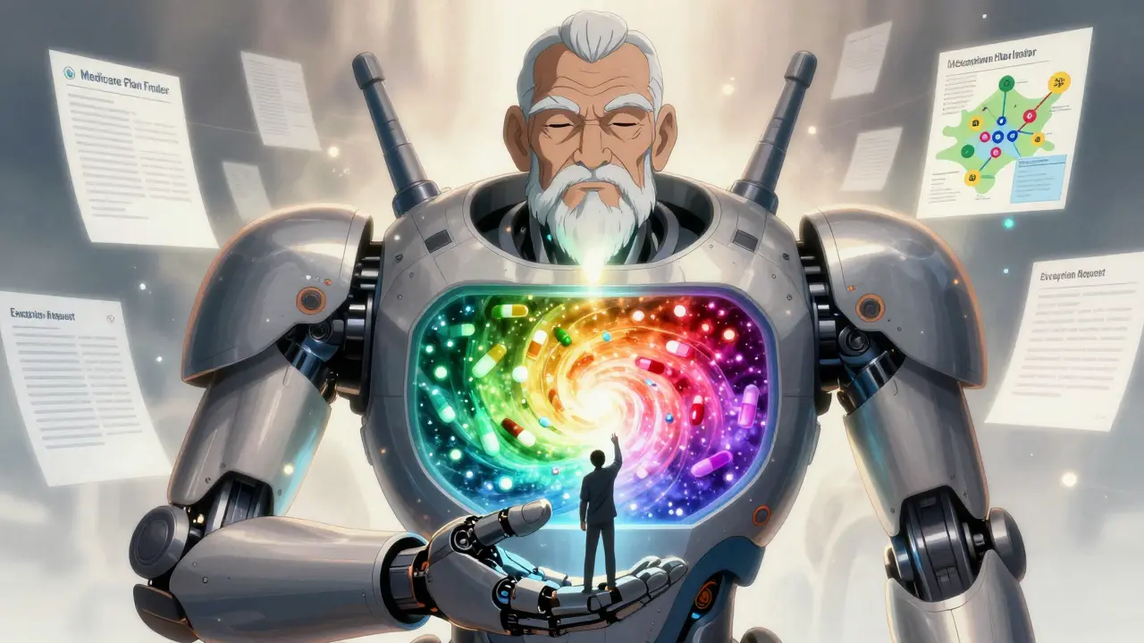 A wise AI robot with an open chest displaying colored prescription drugs, a person pressing an exception button on its palm.