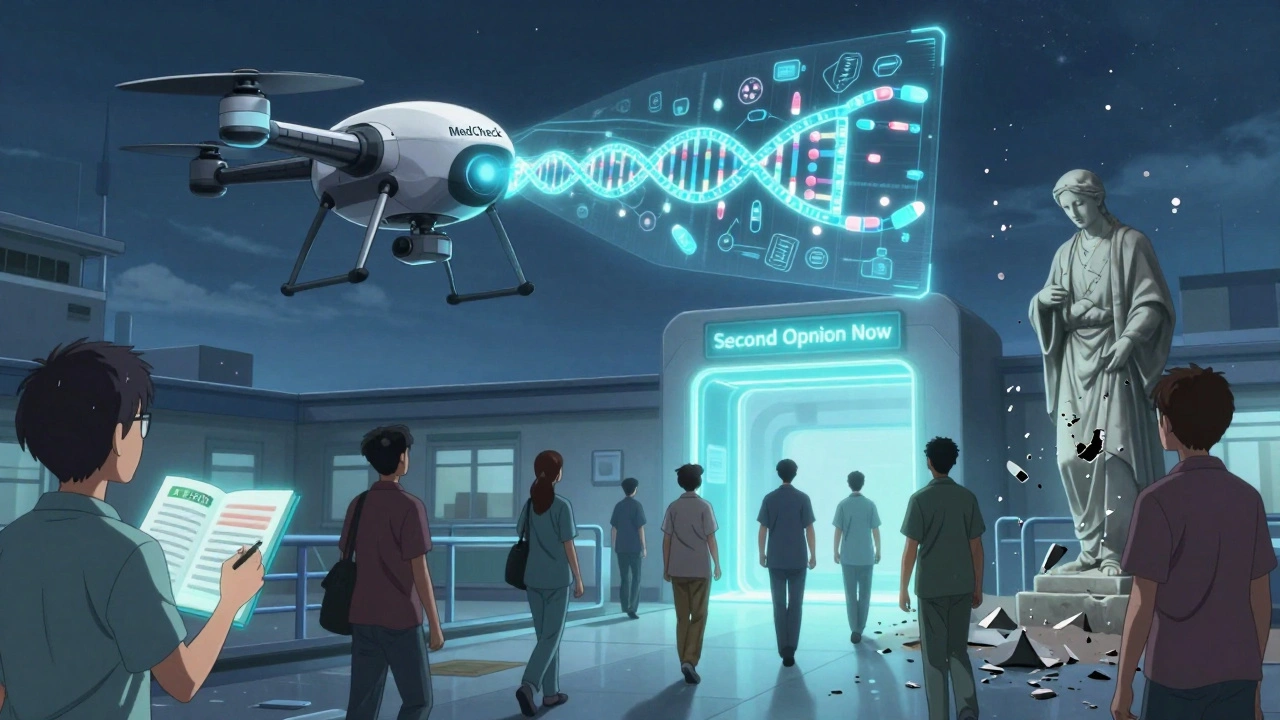 An AI drone projects DNA-drug pairs as patients enter a portal labeled &#039;Second Opinion Now&#039;.