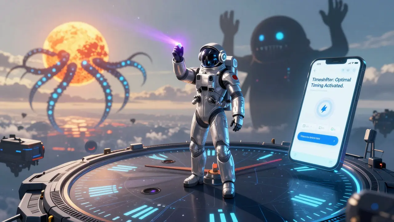 An astronaut on a floating platform holds a pulsing melatonin pill as a shadowy time-released monster fades behind a rising sun.