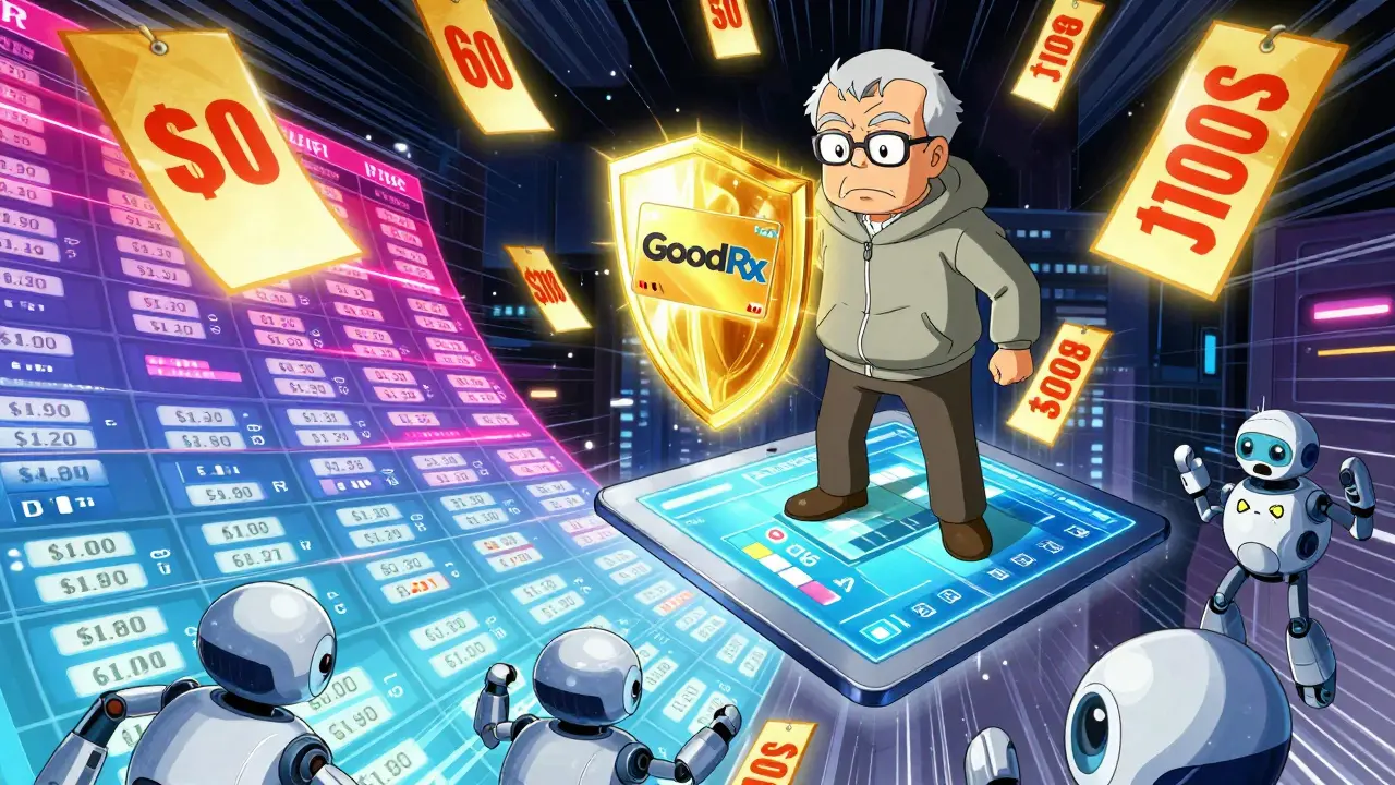An elderly person stands on a floating tablet, using a discount card to block rising drug prices with a glowing shield.