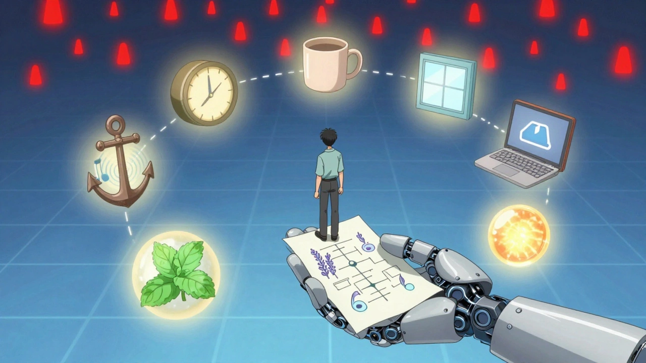 Calm individual surrounded by floating sensory elements from the 5-4-3-2-1 grounding technique.