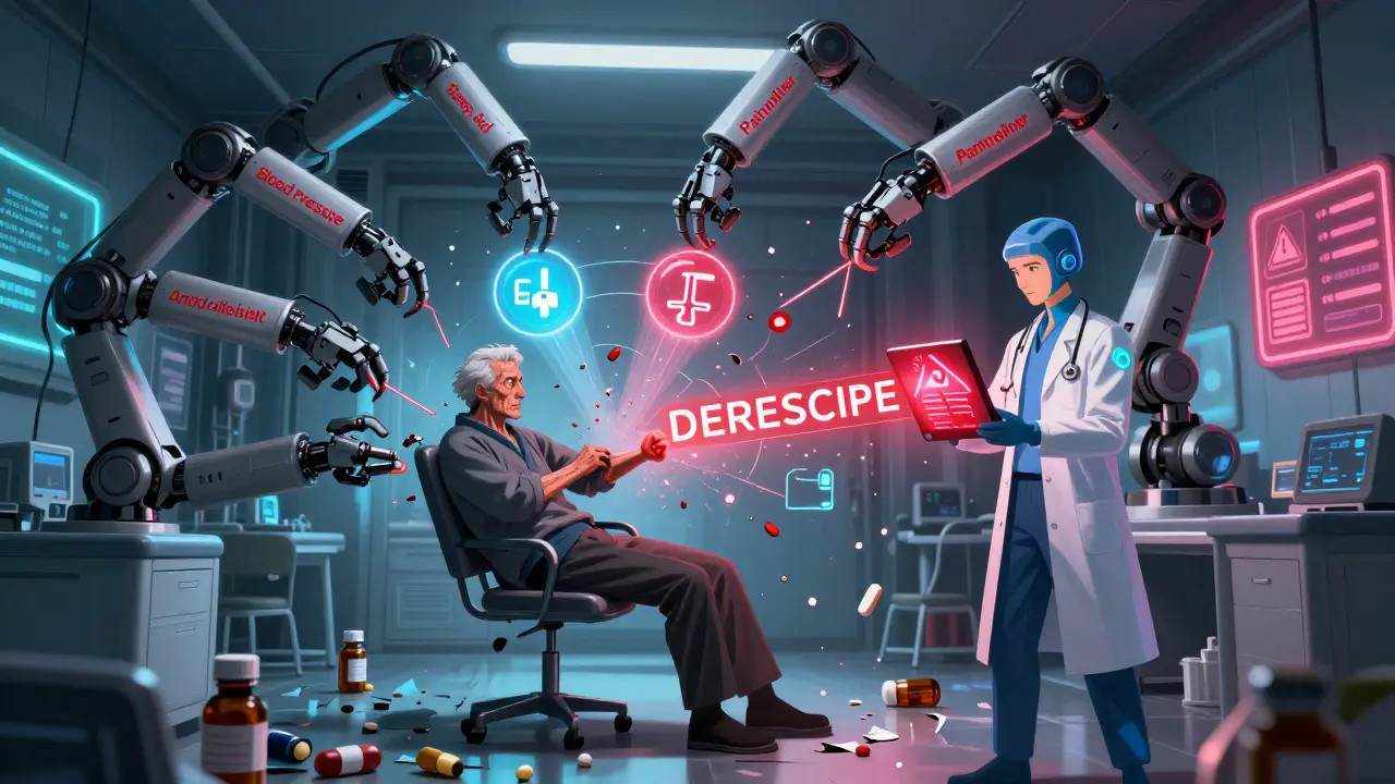 Frail man pulled by mechanical arms labeled with drug names, doctor projecting 'DEPRESCRIBE' command.