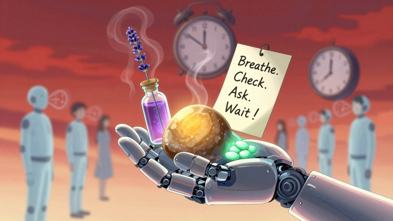 Futuristic alert kit with stone, lavender oil, mint gum, and calming note floating in golden light.