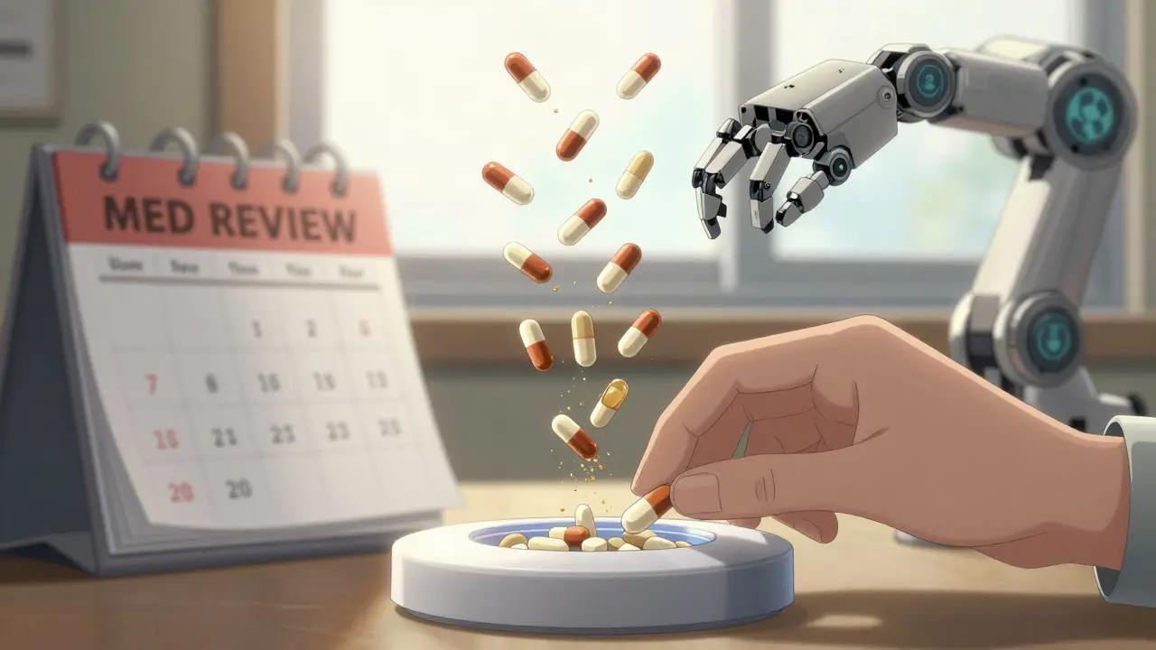 Hand placing one pill in organizer as 15 other pills dissolve into golden dust, robotic arm nearby.