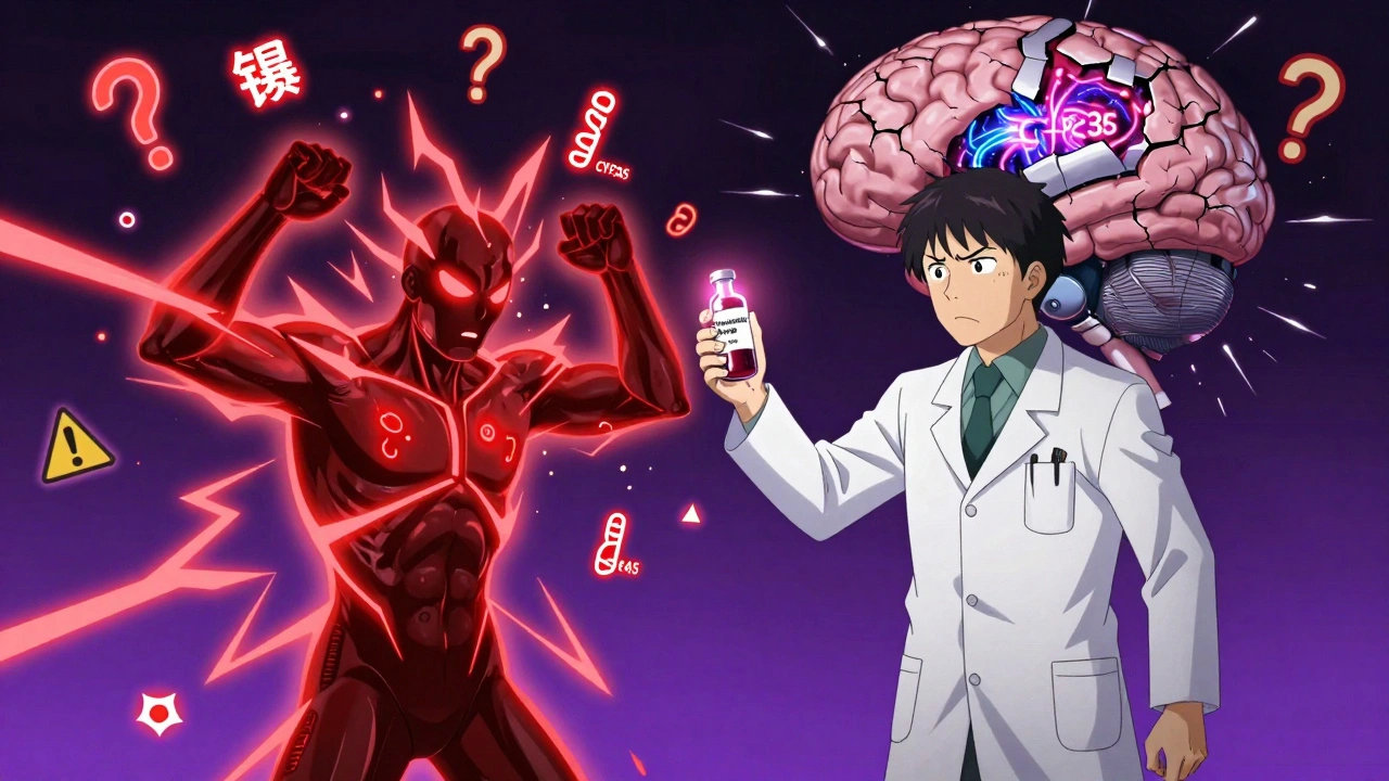 Patient rejecting standard treatment as neurotoxic energy explodes around them, doctor holding a blood vial.