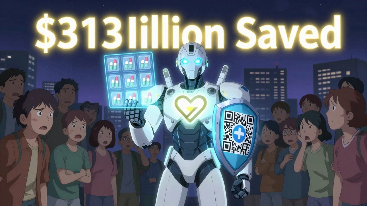 Pharmacist in exosuit projecting holograms of same pills from different makers, forming a heart-shaped emblem.