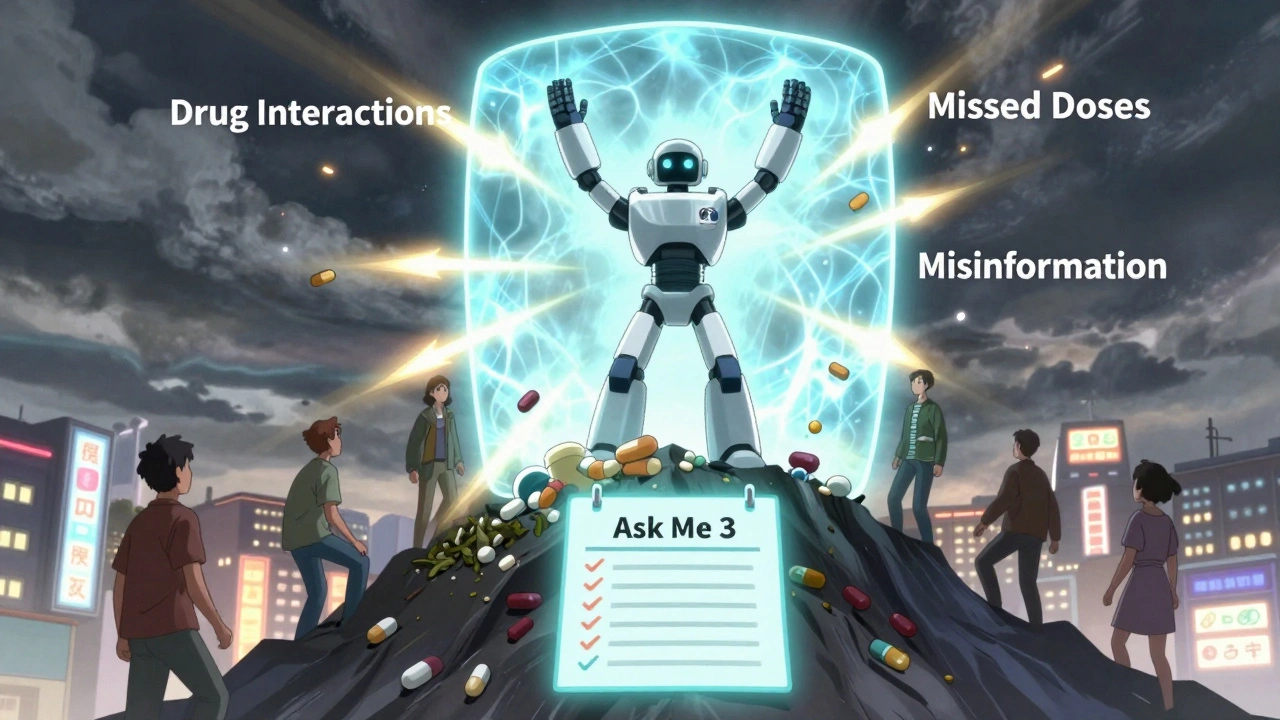 Pharmacist robot shielding patients from dangerous medication threats with a glowing energy shield.