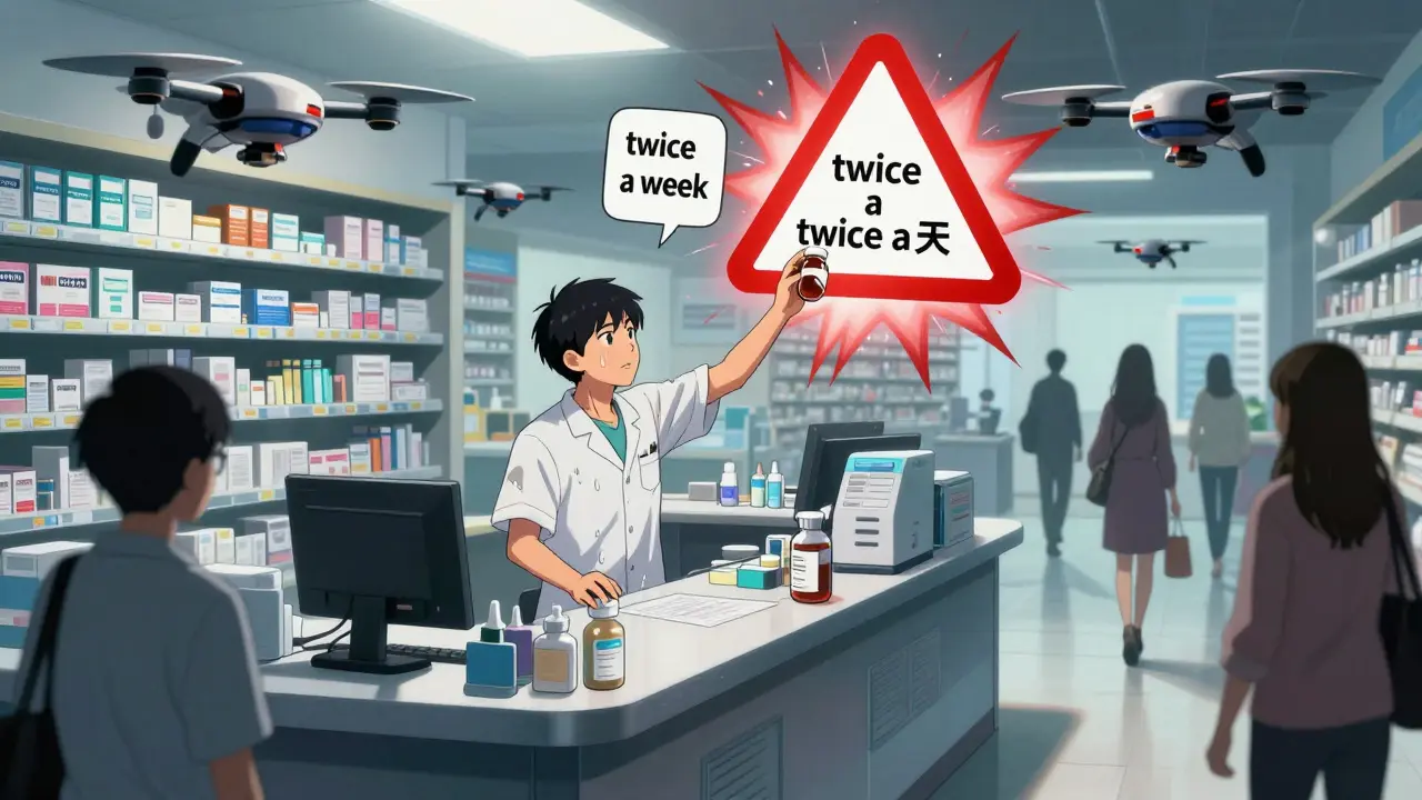 Pharmacist surrounded by spinning drones as a dangerous prescription error glows red.