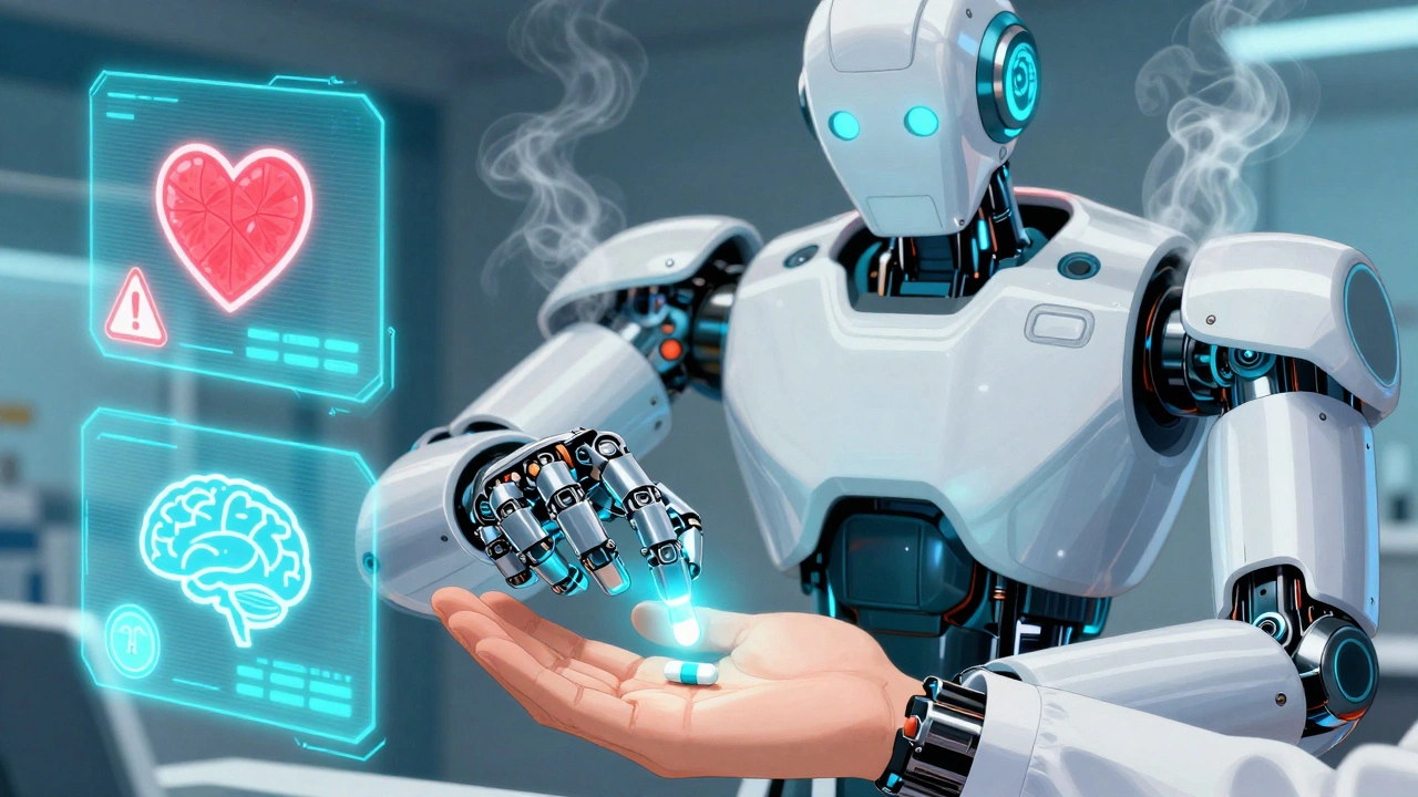 Robot hand giving a pill to a patient, with holograms showing drug interaction warnings.