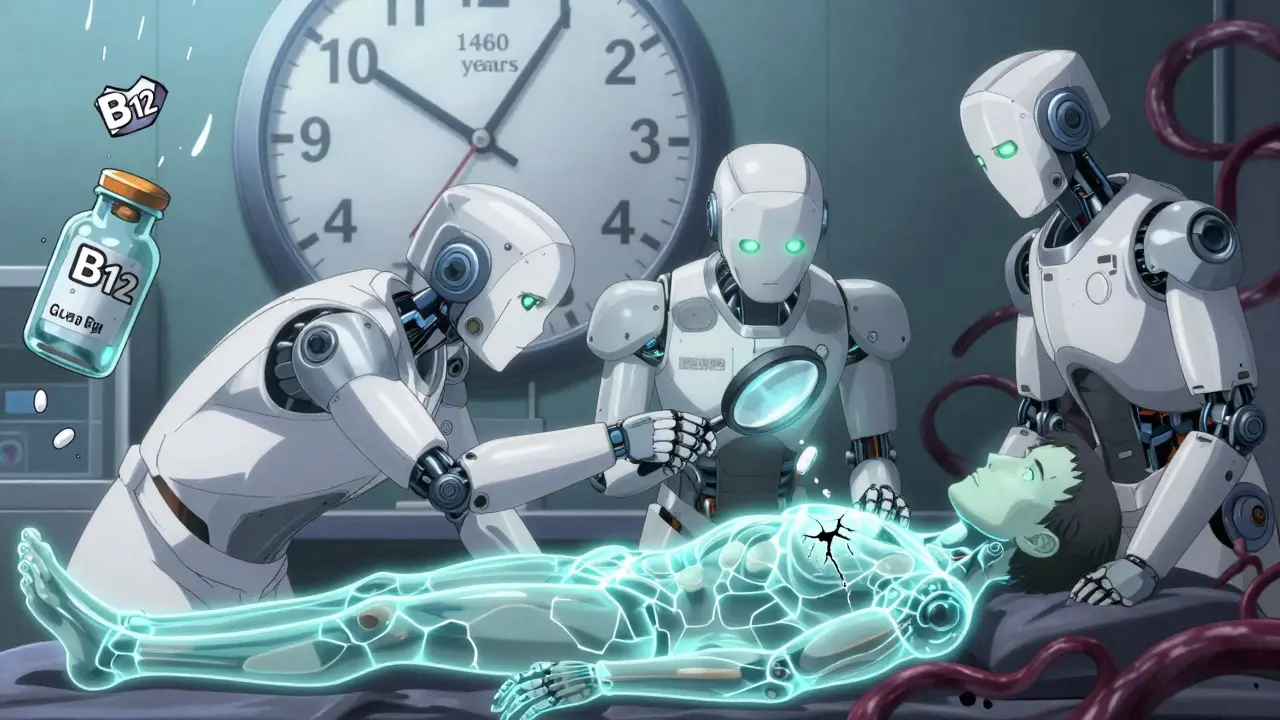 Robotic doctors scanning a patient with a hidden tendon crack and a clock showing four years of drug use.