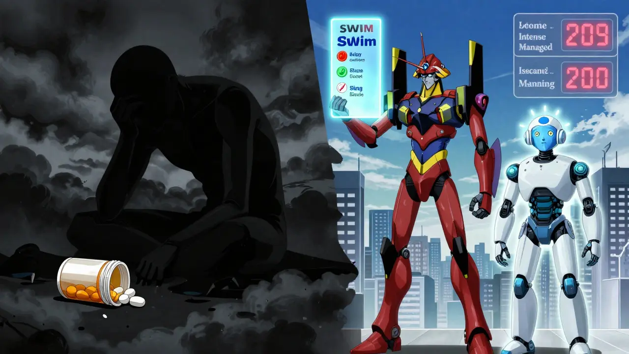 Split scene: despair vs empowerment, with a SWIM framework glowing as a battle emblem.