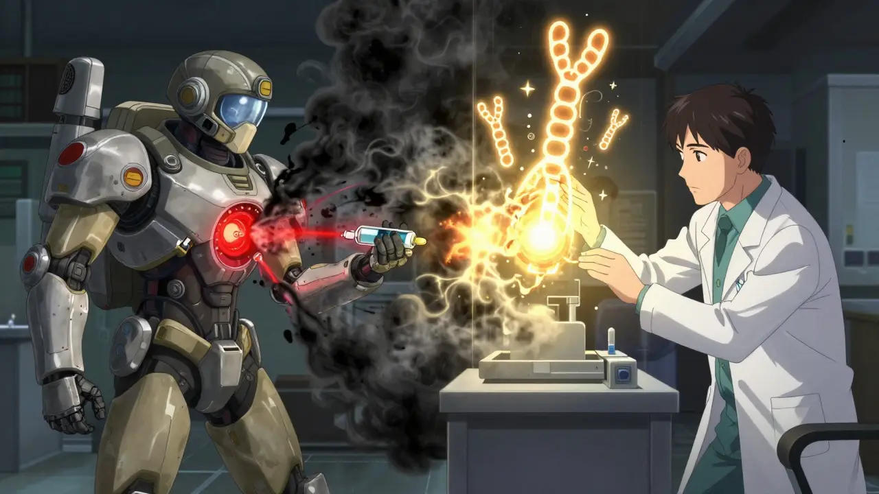 Split scene: one person suffering drug toxicity vs another being healed by genetic scanning light.