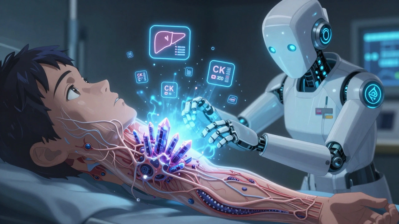 Transparent muscle network under attack by toxic crystals, neutralized by a robot nurse with isavuconazole energy.