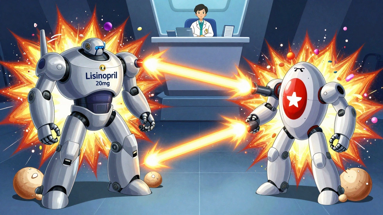 Two pill robots battling with identical energy beams, dyes and fillers exploding harmlessly around them.