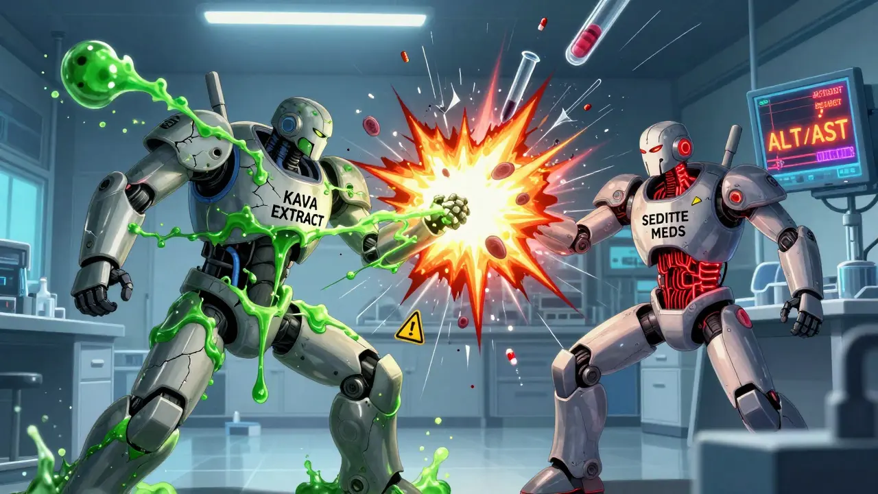 Two robotic figures clash in a lab, causing an explosion of liver cells and medical warning symbols.