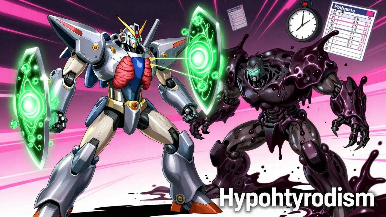 A battle between Lithium and Hypothyroidism robots, with selenium shields and rising TSH graphs.