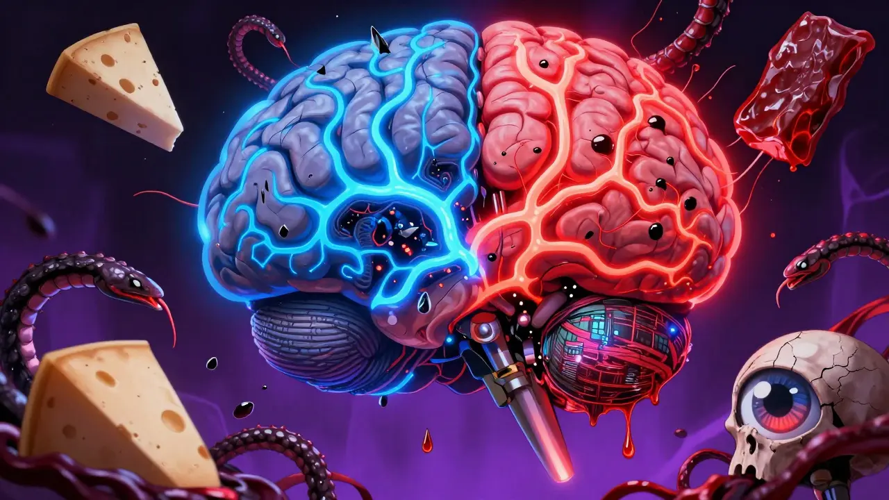 A bio-mechanical brain surges with red and blue energy as tyramine serpents coil around neural pathways under a cyberpunk city sky.