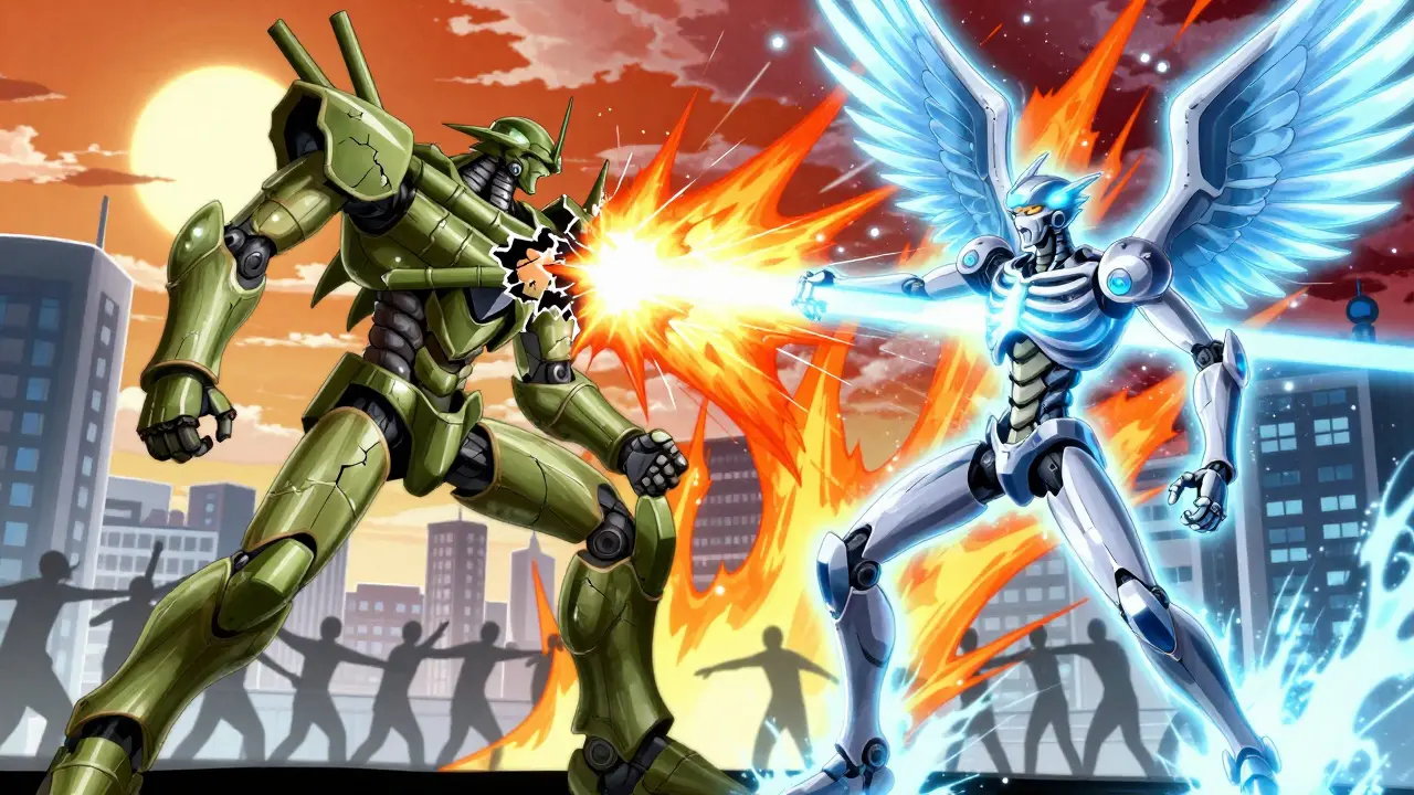 A flexible spine robot battles a fused bamboo-spine mech, shattering it with light as patients stretch in the background.