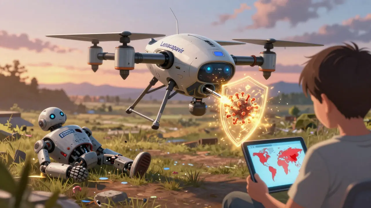 A futuristic injectable drone protects a patient from resistant HIV, while a deactivated older drug lies nearby.