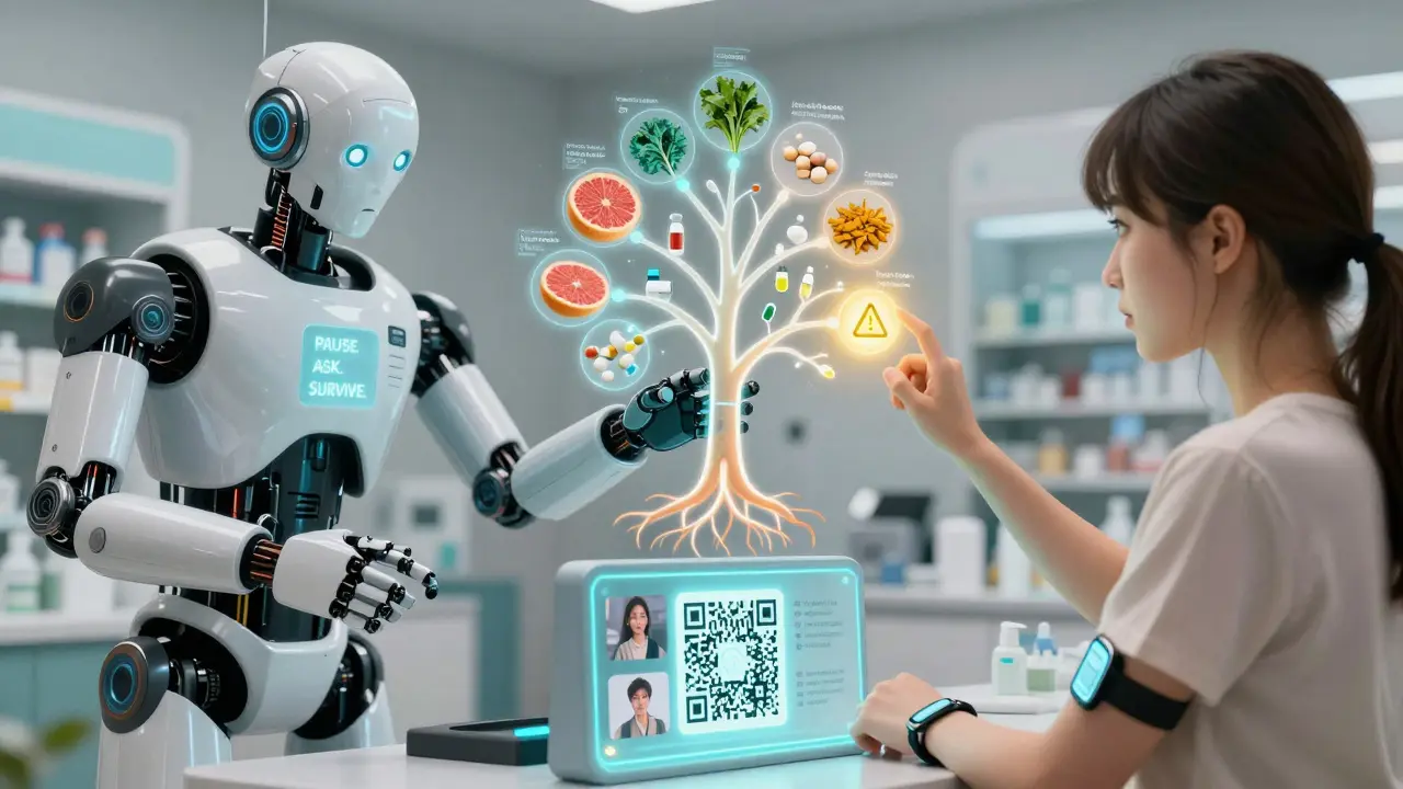 A futuristic robot arm scans a patient while a holographic tree of drug interactions glows with warning lights.