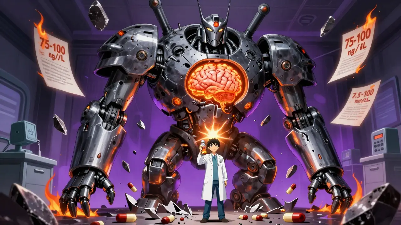 A giant iron golem with a glowing brain, holding a vial of iron supplement as dopamine capsules break nearby.