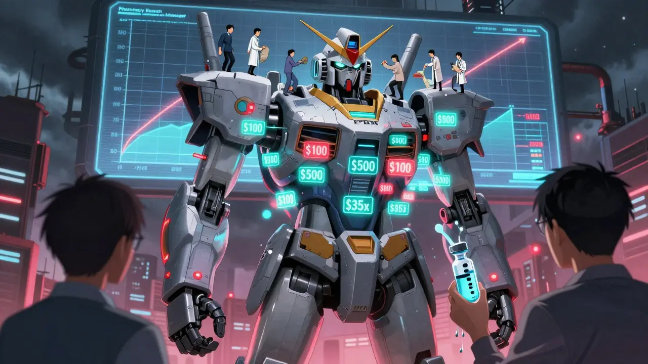 A giant PBM robot towers over tiny humans, surrounded by floating inflated drug price tags.