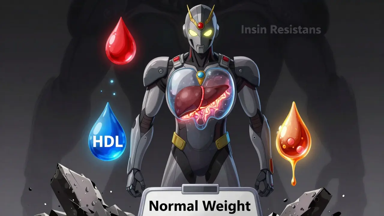 A hero with a transparent chest revealing visceral fat and lipid icons, fighting a shadowy insulin resistance monster.