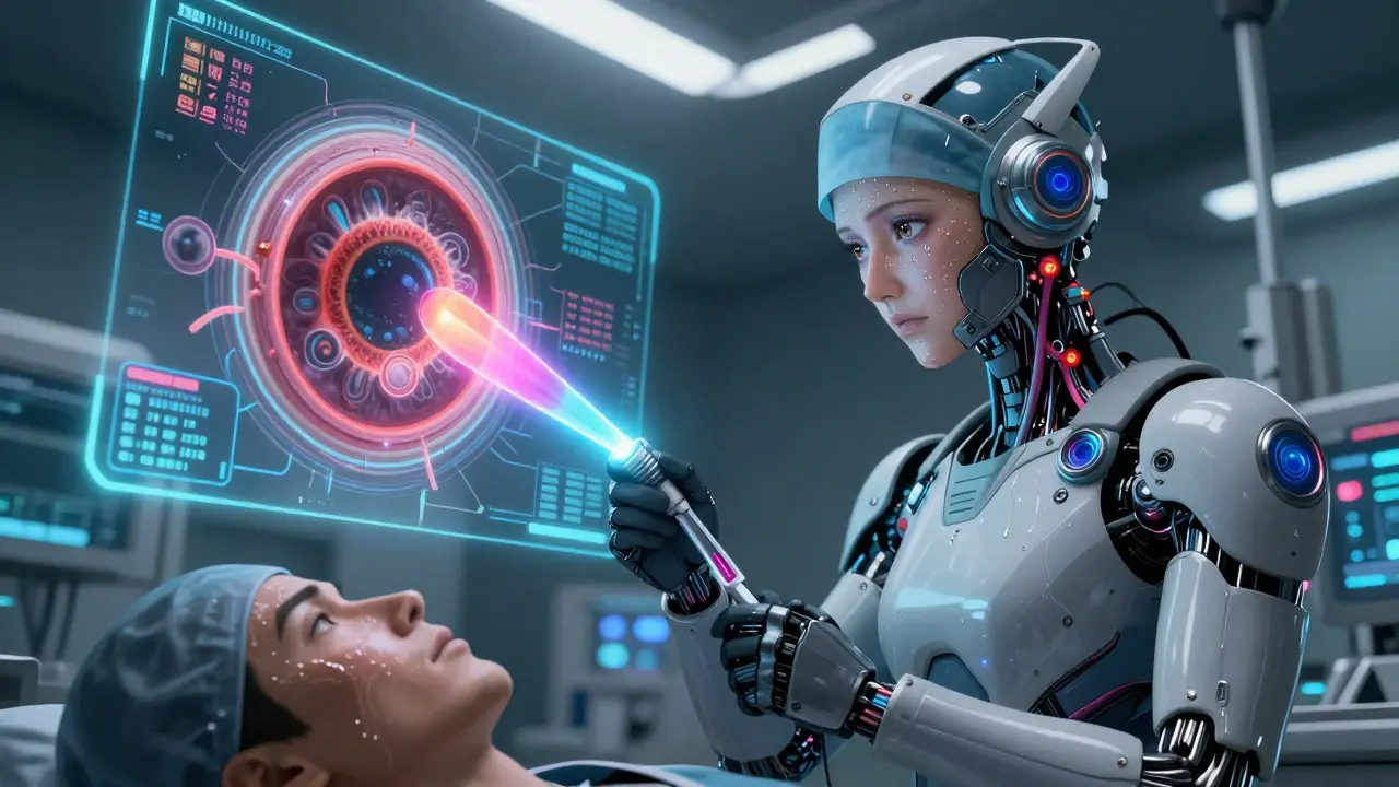 A high-tech surgeon uses a glowing scalpel to analyze a holographic corneal ulcer with floating bacterial pathogens.