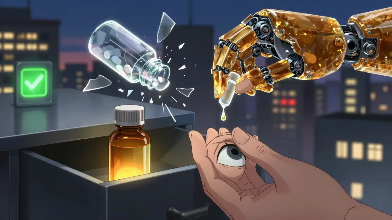 A holographic robot arm analyzes an eye drop while a broken bottle glows dangerously.