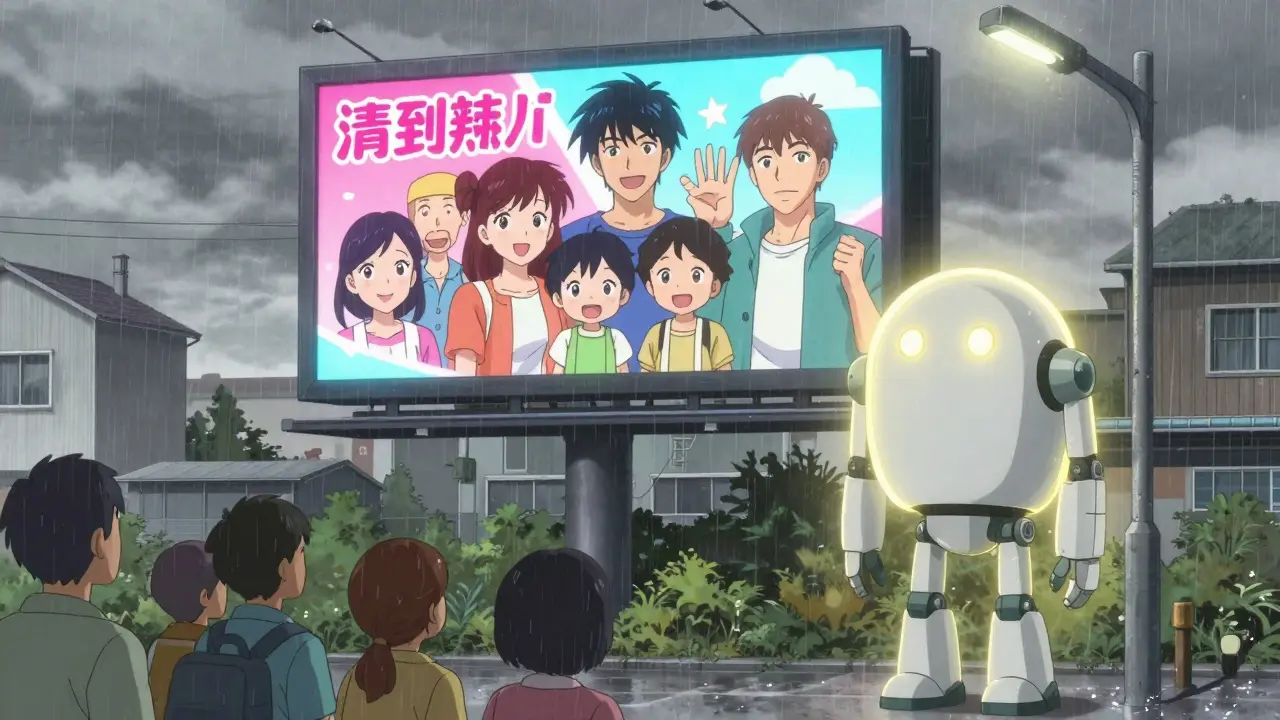 A humble generic robot stands under a streetlamp as a flashy brand-name ad glows above in a quiet town.