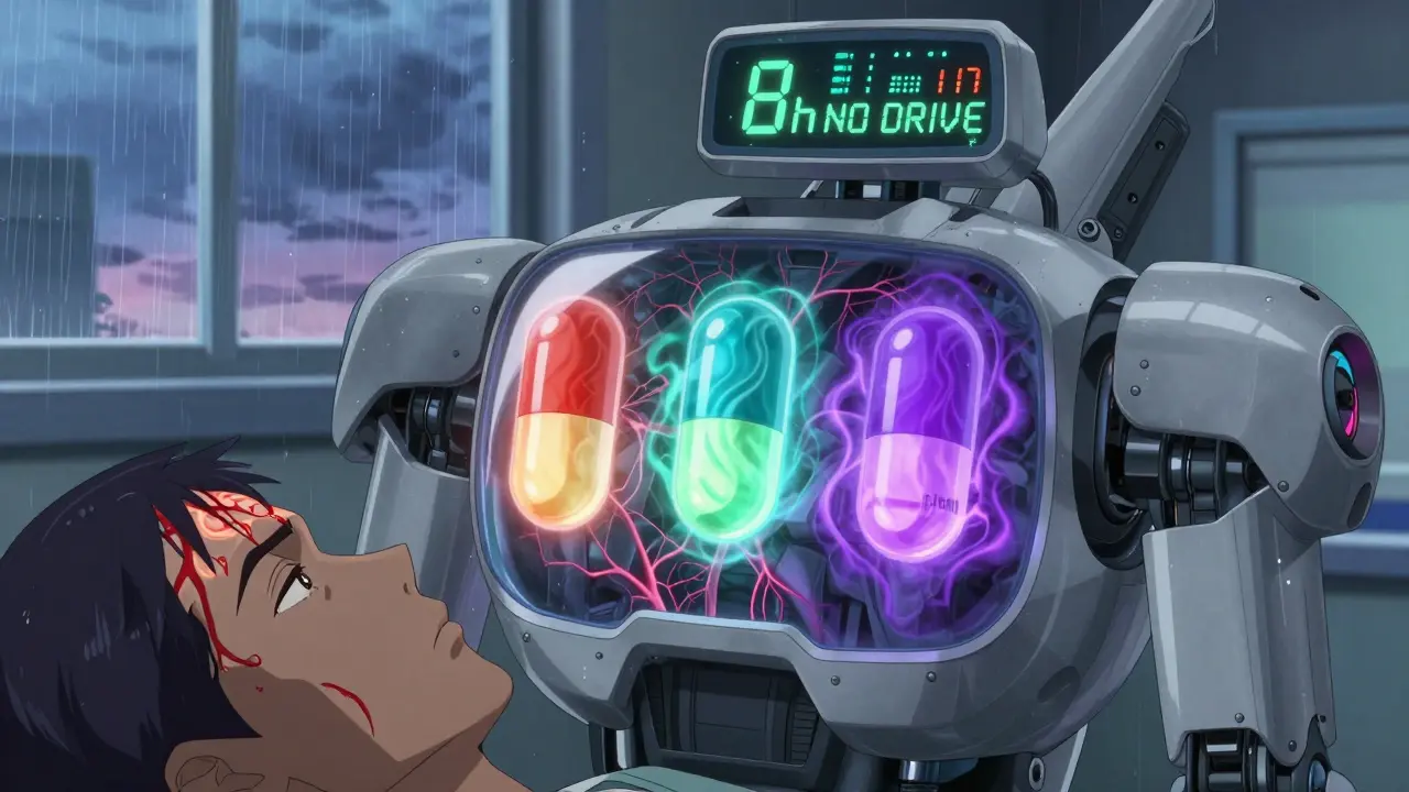 A medic robot with floating drug capsules above a patient's temple, glowing with different colored energies.