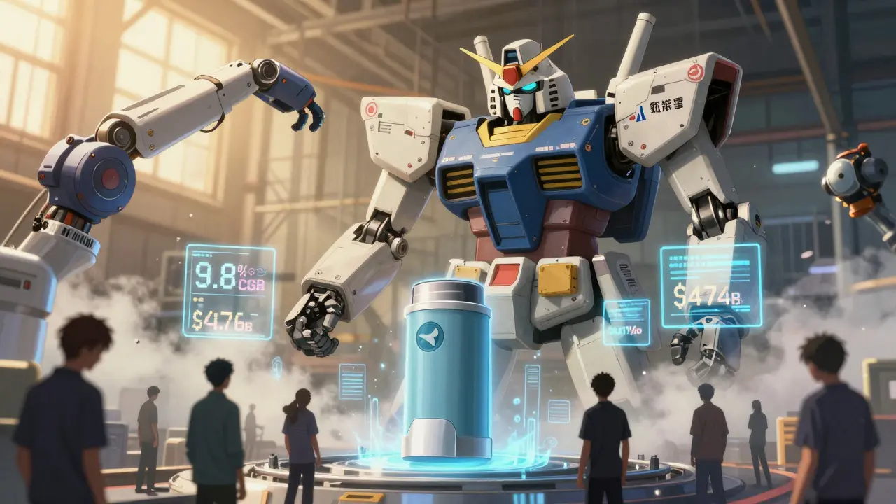 A merged pharmaceutical-device robot assembling a super-generic inhaler as patients transform into heroes below.