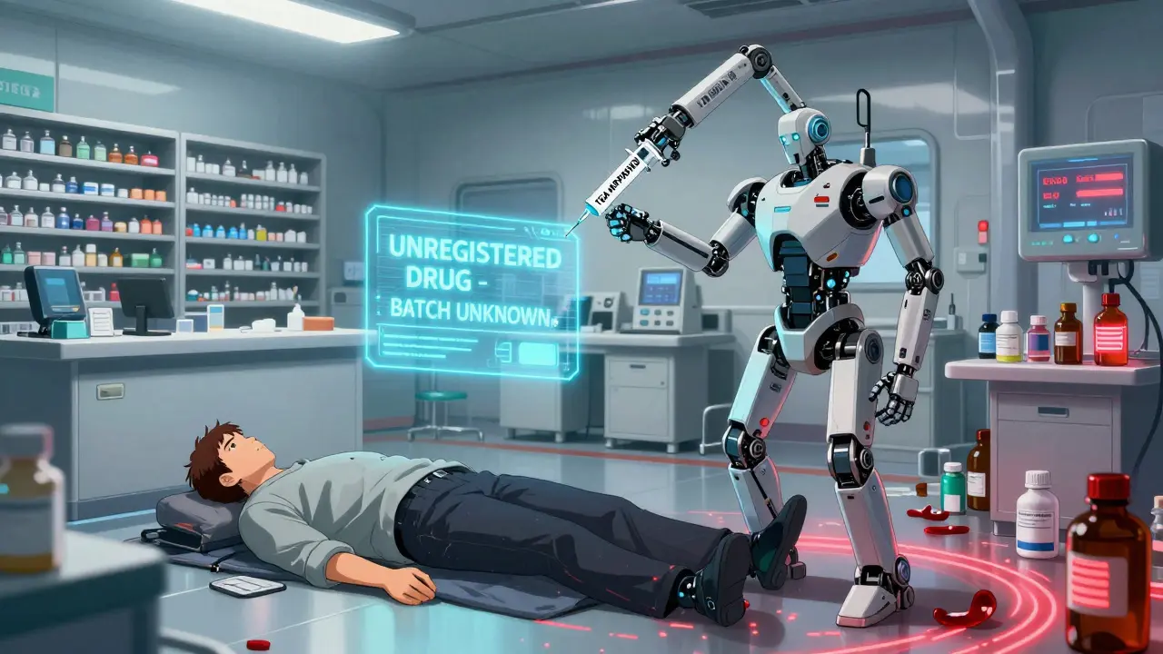 A patient collapses in a futuristic ER as a robot scans a pill bottle, revealing a holographic warning about unregistered medication.