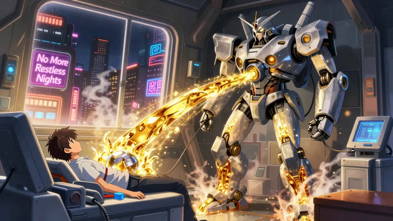 A patient receiving IV iron therapy in a high-tech chamber, golden energy flowing into their body, transforming their legs with light.