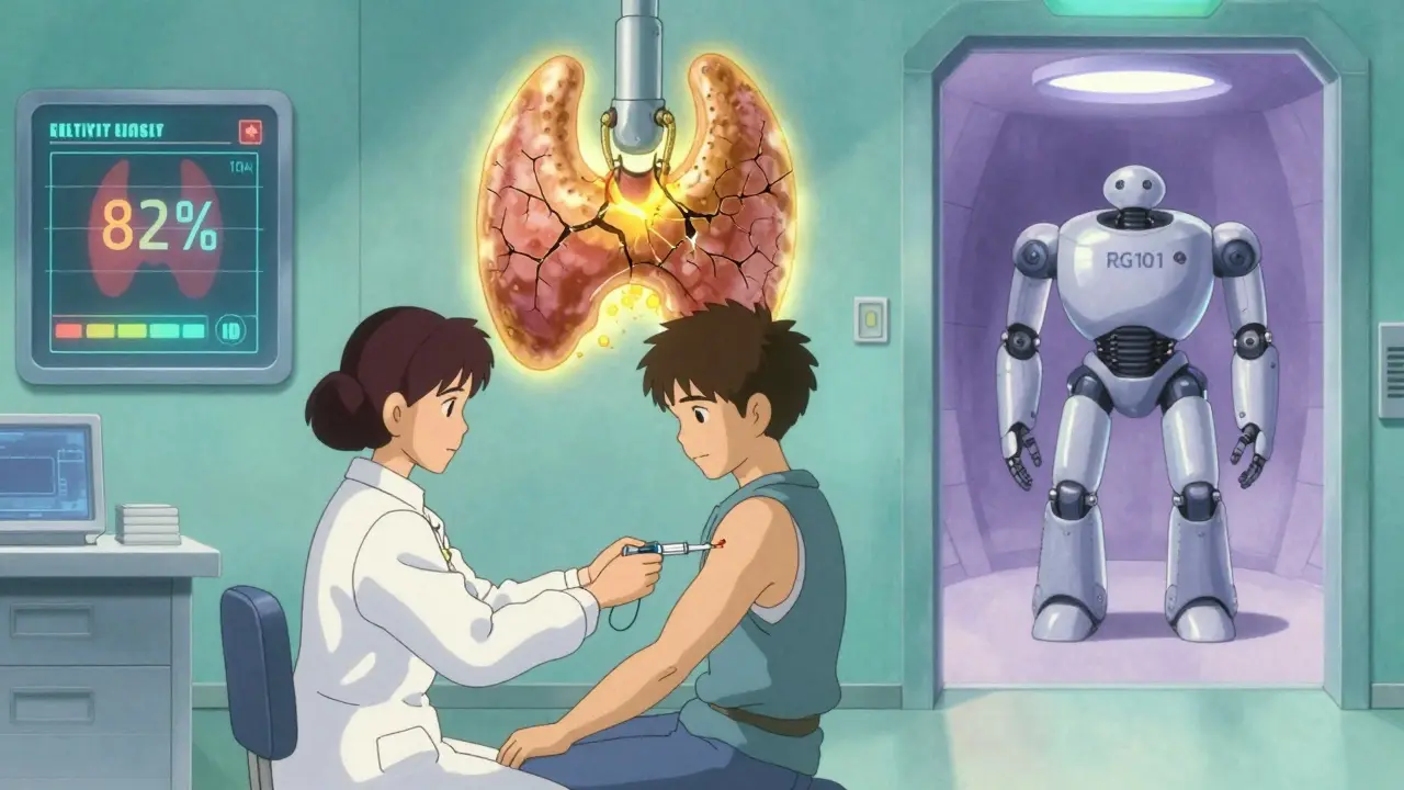 A patient receiving selenium as a holographic thyroid heals, with a next-gen robot emerging in the background.