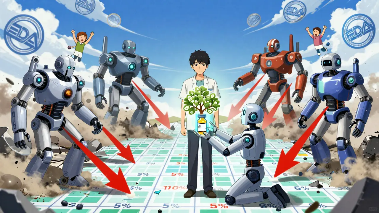 A patient stands as six generic robots dissolve, prices falling to under 5%, while an authorized generic offers a glowing vial.