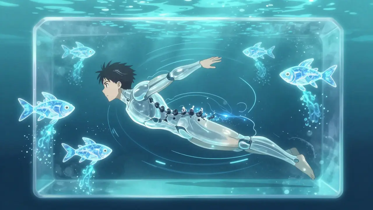 A patient swims in a high-tech water pod with holographic guides and healing drones dissolving spinal bone growths.