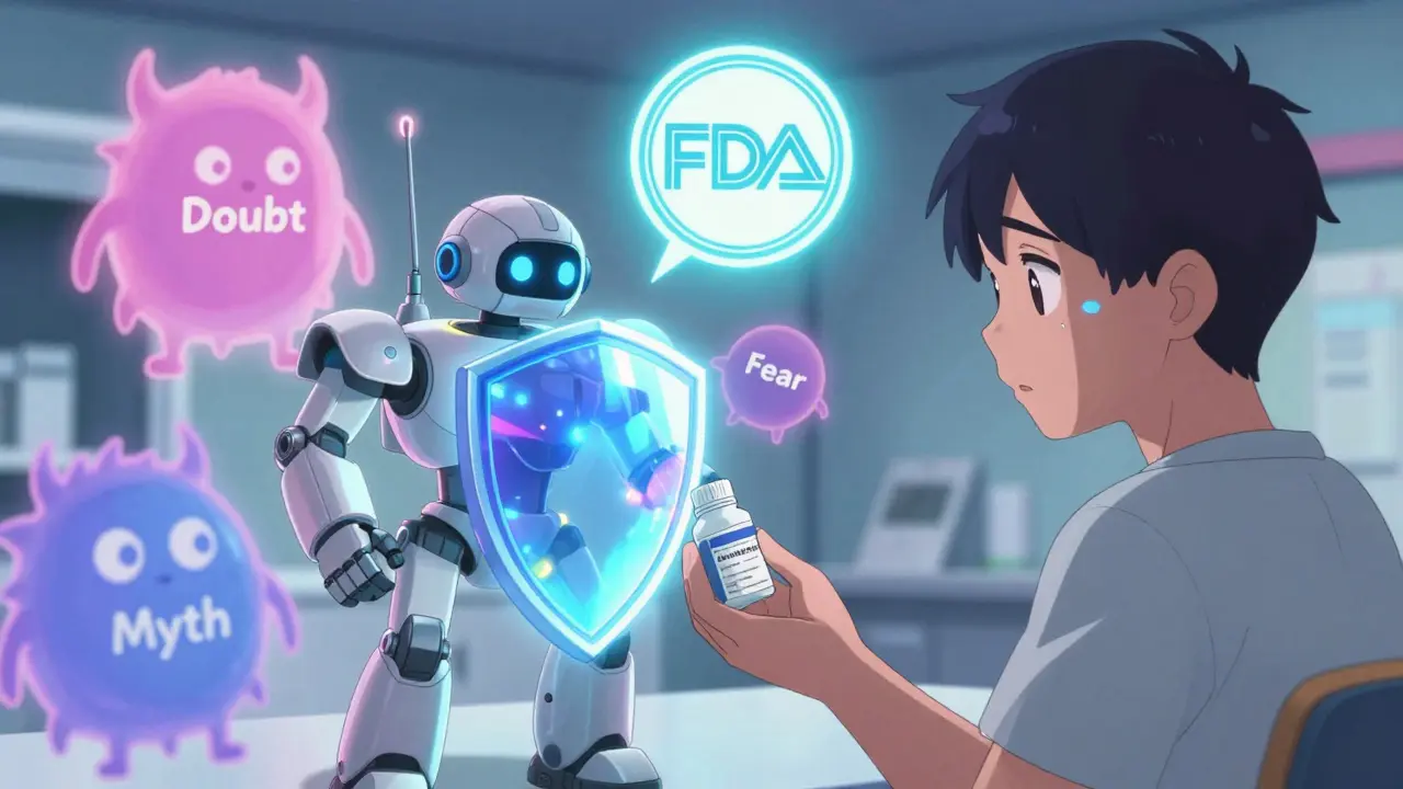 A pharmacist gives a patient a pill robot that transforms into a shield, blocking negative emotion monsters.
