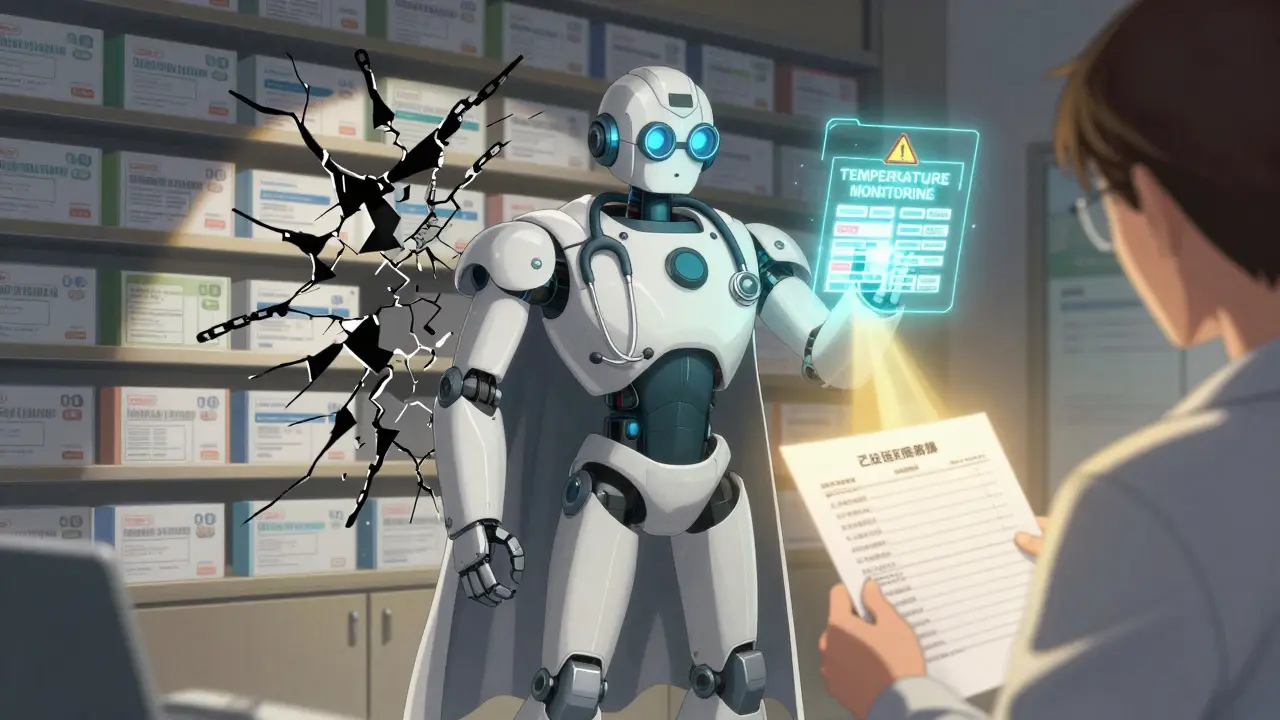 A pharmacist robot defends medication safety with a holographic warning against unsafe mail-order practices.