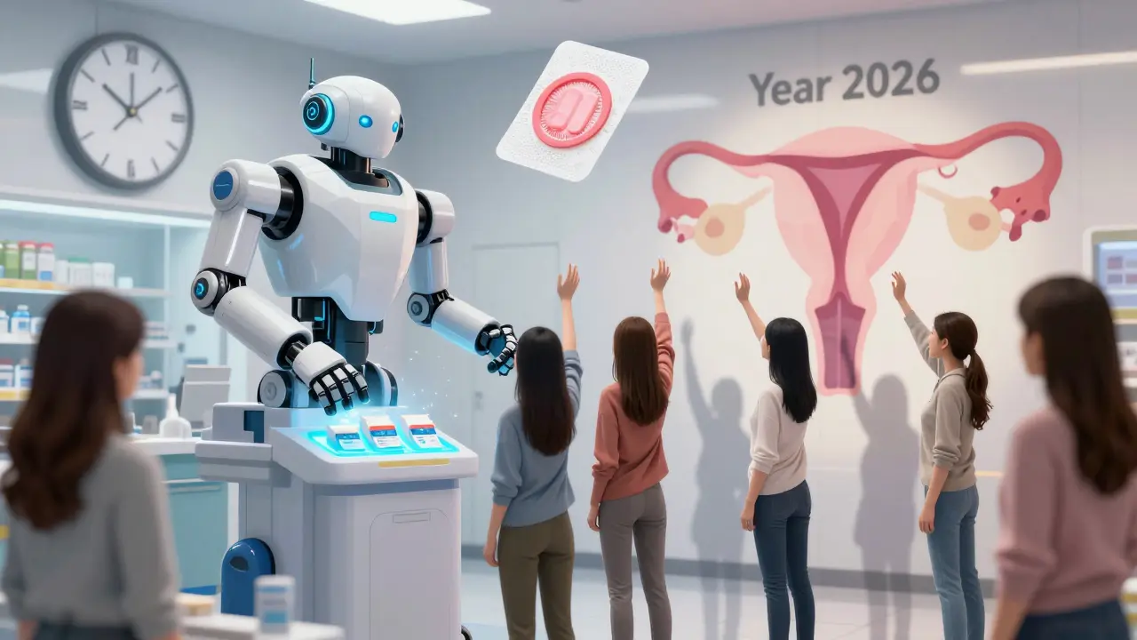 A pharmacy robot dispenses generic hormone pills to women under a 2026 clock.