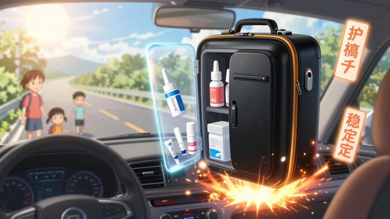 A portable robot case unfolds to protect eye drops and insulin during travel.