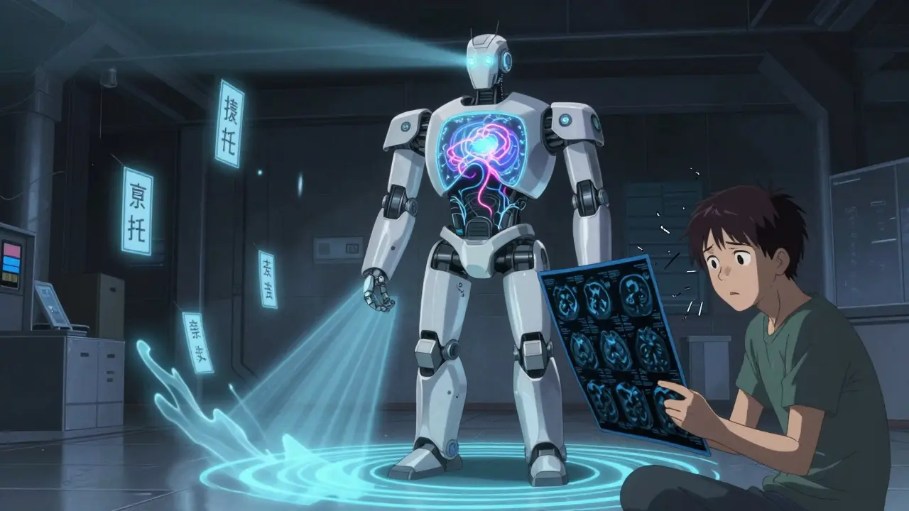 A robot dissolves a shattered MRI scan with calming light, symbolizing pain neuroscience education.