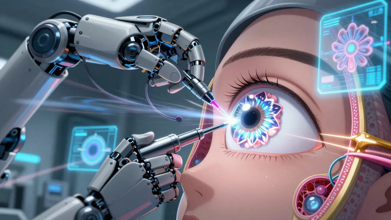 A robotic arm replacing a cloudy eye lens with a shimmering, unfolding IOL in a high-tech surgical chamber.