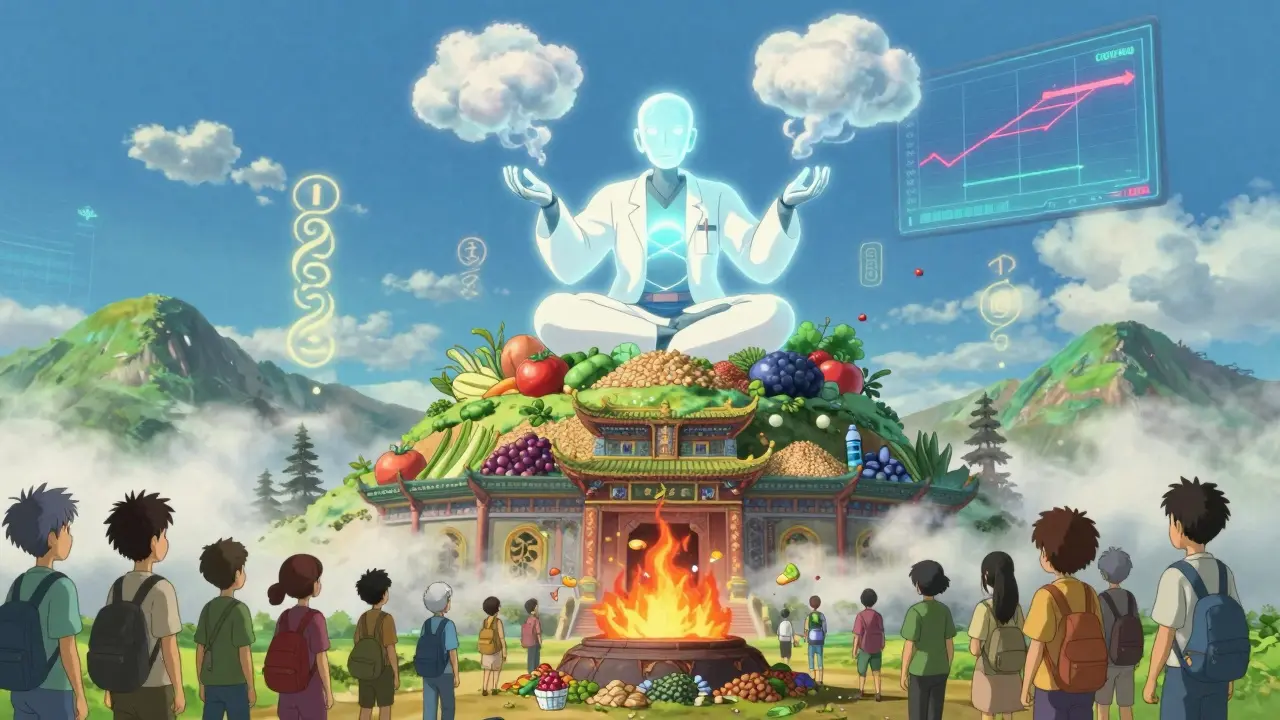A robotic monk meditates on a mountain of whole grains, transforming sugar clouds into clean air.